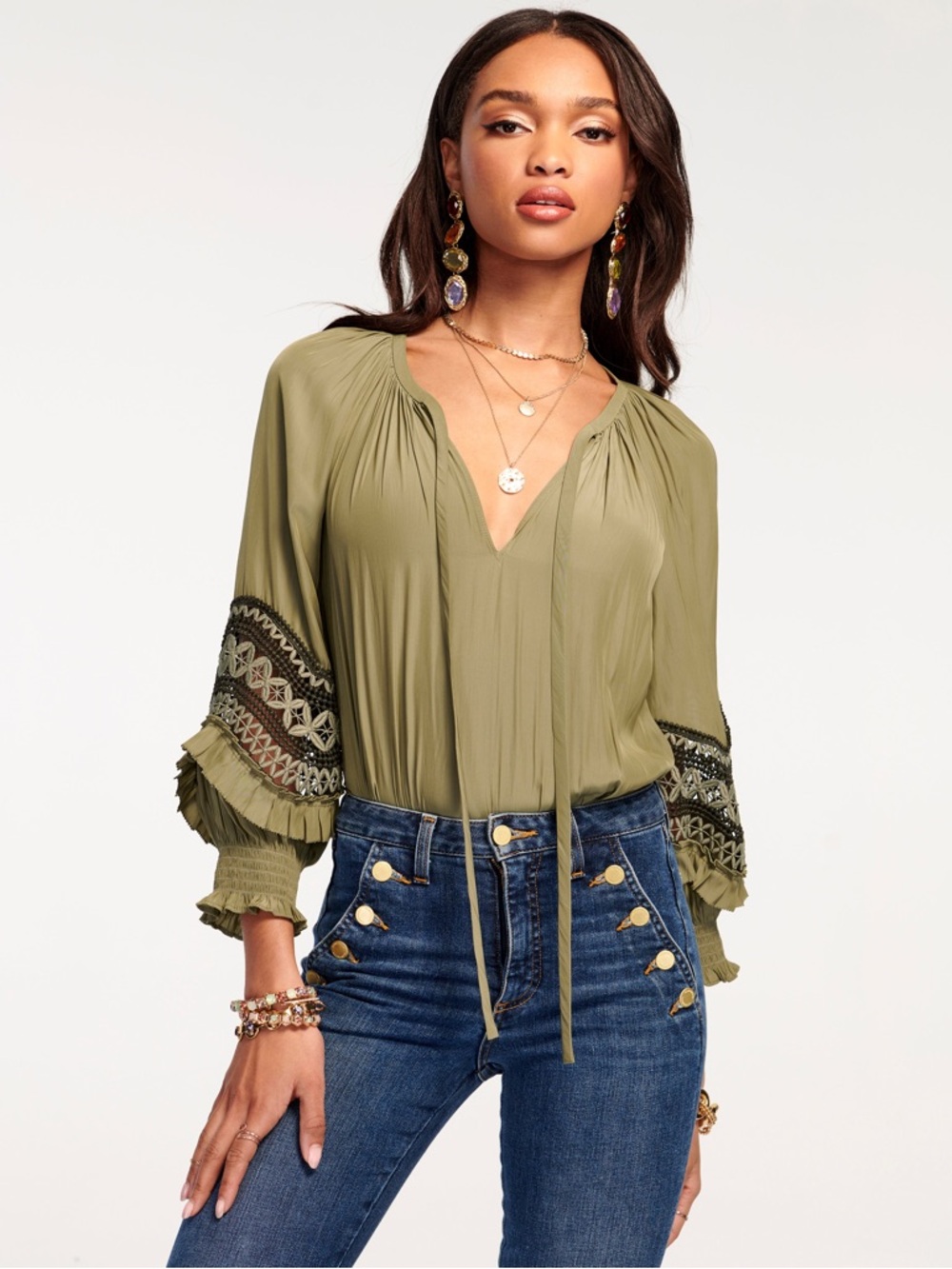 Ramy Brook Olive Green Randi Embellished‎ Crochet Puff Sleeve Blouse, Size S